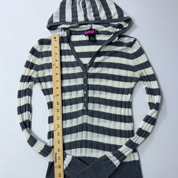 Say What? Women's Bella Swan V-Neck Striped Sweater in Gray and White - Picture 3 of 5